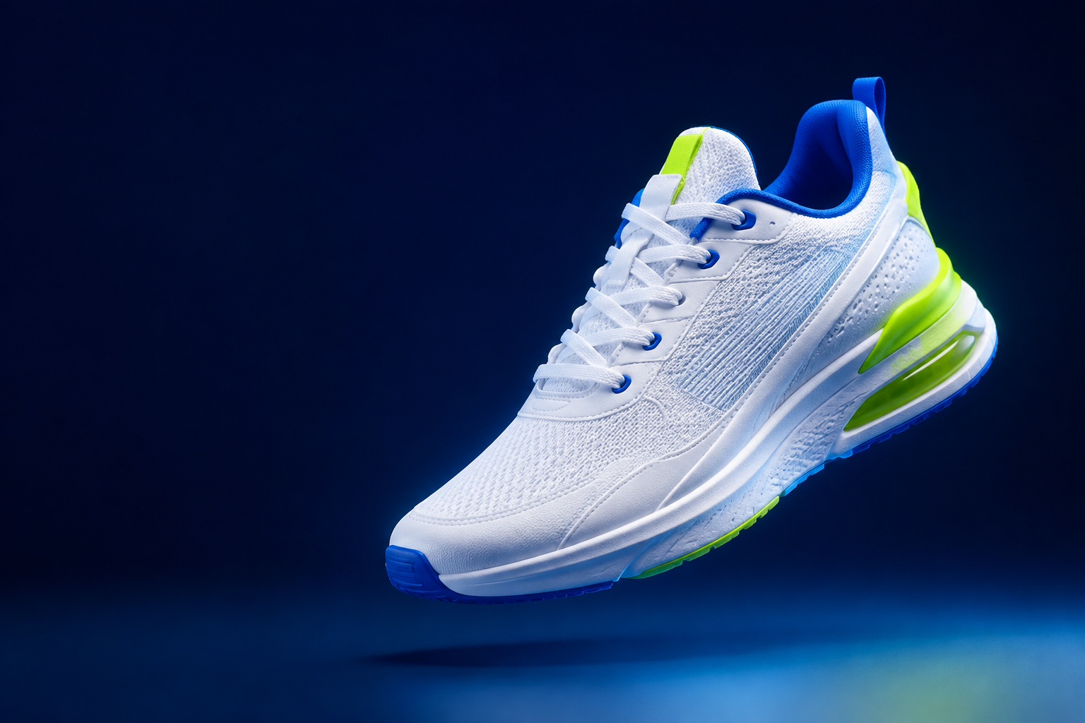 Sepatu sneaker modern Kicksora berwarna putih, biru, dan lime